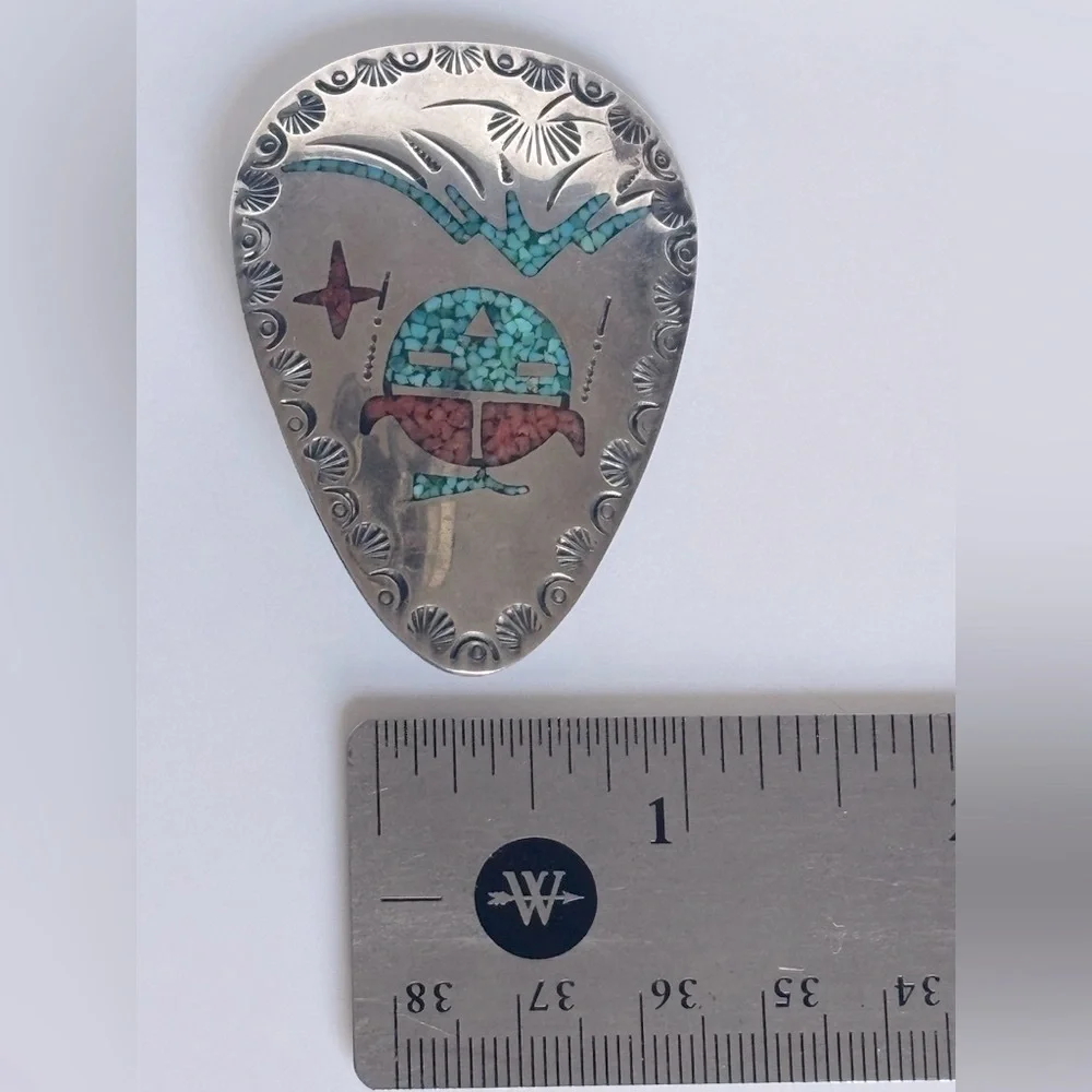 Tommy Singer Sterling Silver Turquoise & Coral‎ Chip Inlay Brooch/ Pendant